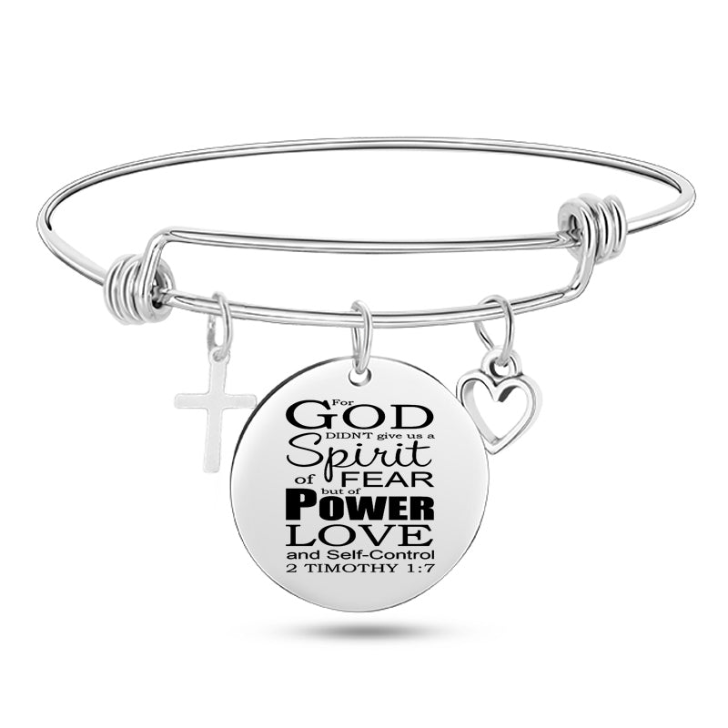 Cross & Heart Psalm Stainless Steel Bangle Bracelet