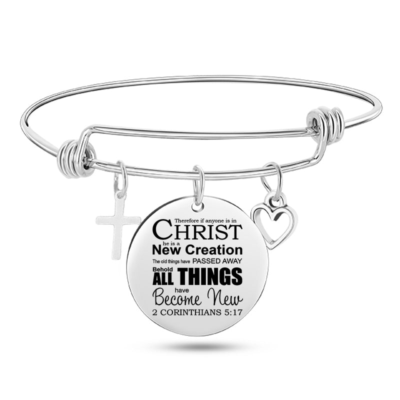 Cross & Heart Psalm Stainless Steel Bangle Bracelet