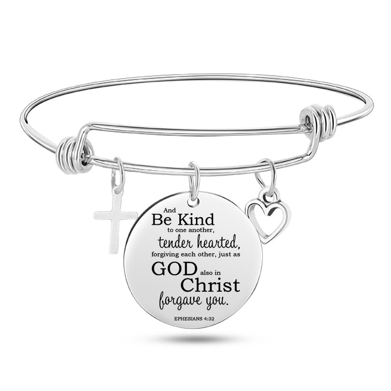 Cross & Heart Psalm Stainless Steel Bangle Bracelet