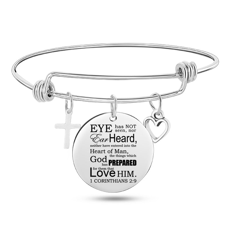 Cross & Heart Psalm Stainless Steel Bangle Bracelet