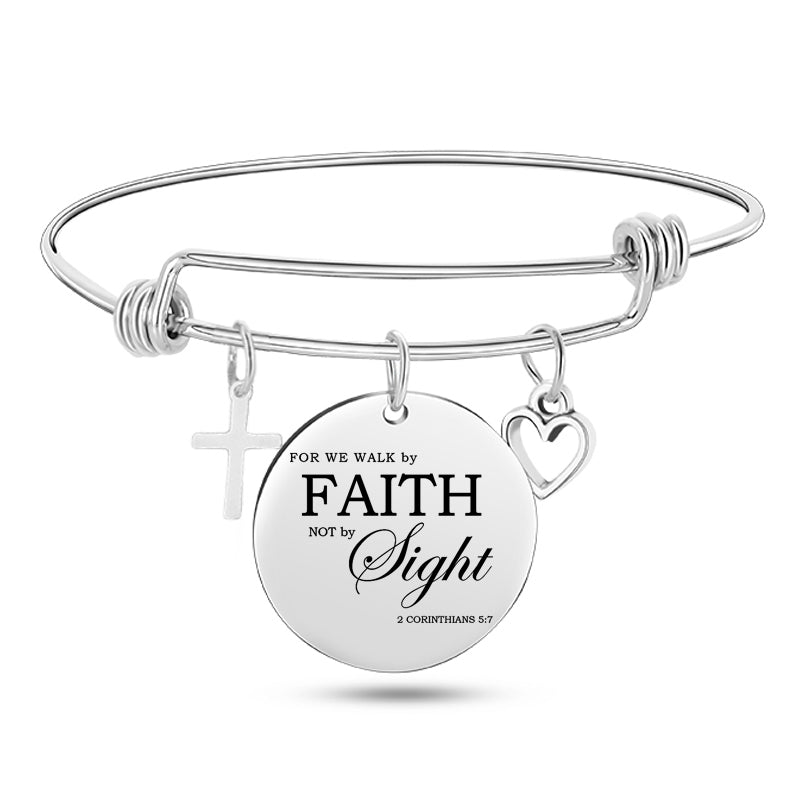 Cross & Heart Psalm Stainless Steel Bangle Bracelet