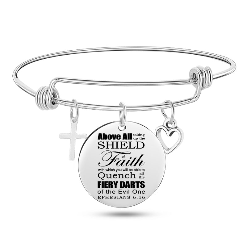Cross & Heart Psalm Stainless Steel Bangle Bracelet
