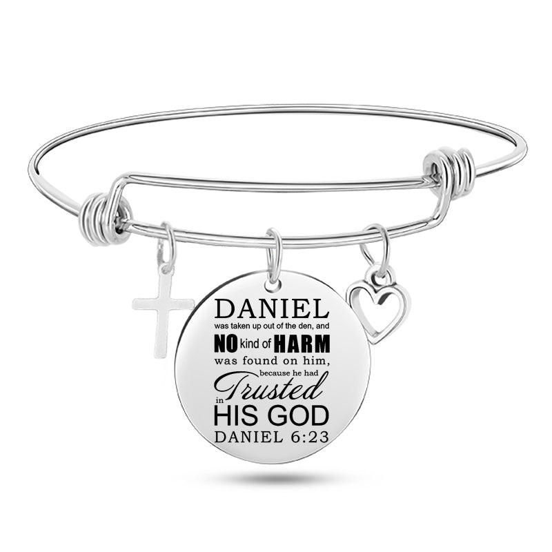 Cross & Heart Psalm Stainless Steel Bangle Bracelet