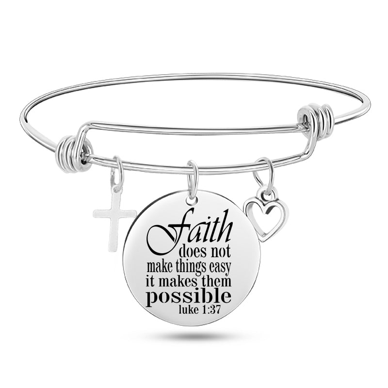 Cross & Heart Psalm Stainless Steel Bangle Bracelet