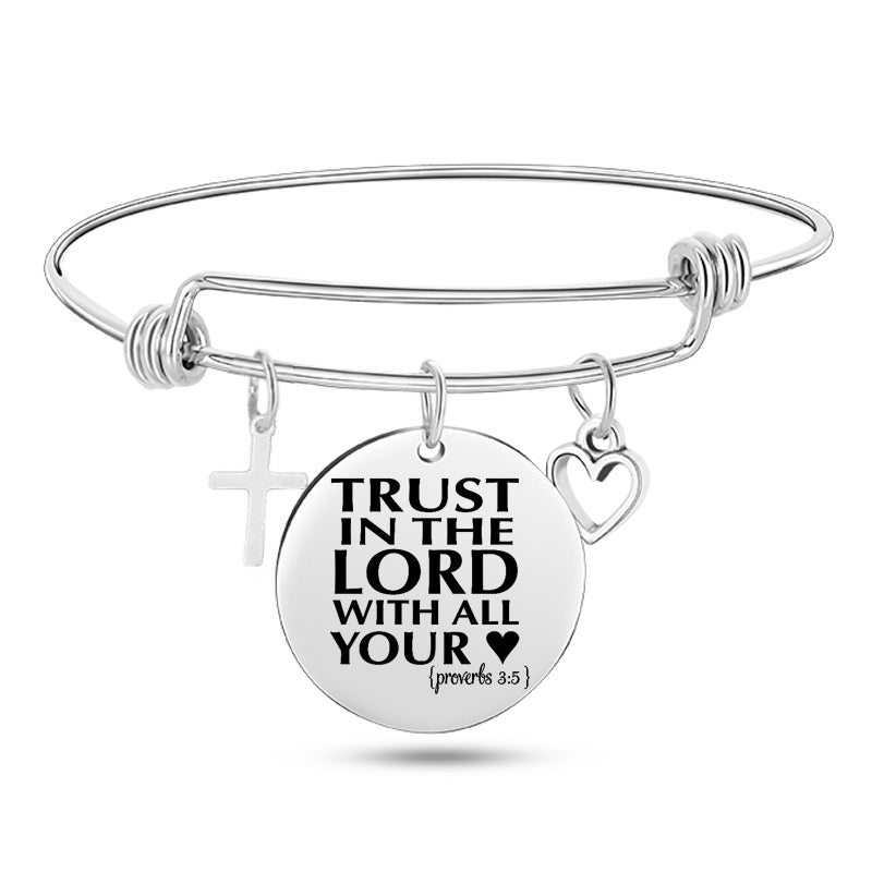Cross & Heart Psalm Stainless Steel Bangle Bracelet